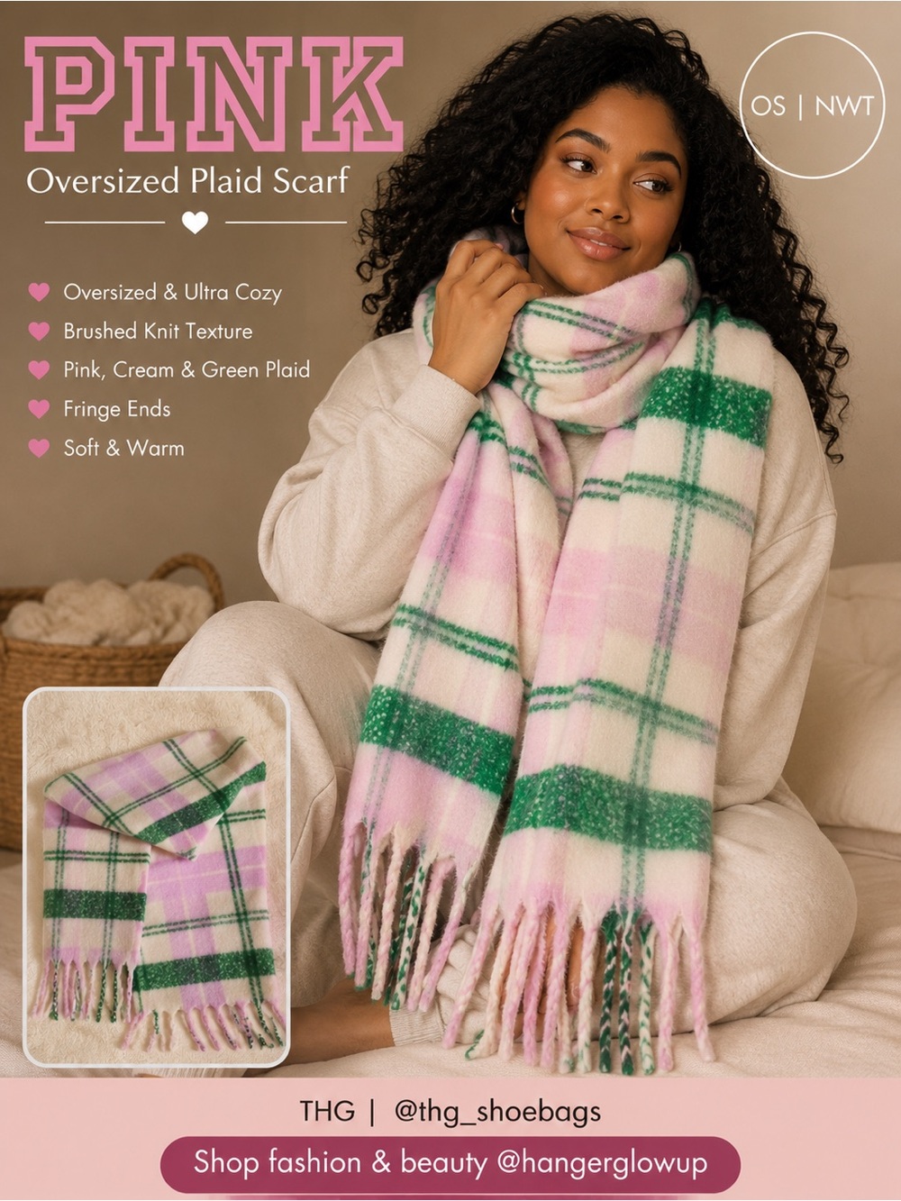PINK Victoria’s Secret Oversized Plaid Scarf Pink Green Fringe NWT